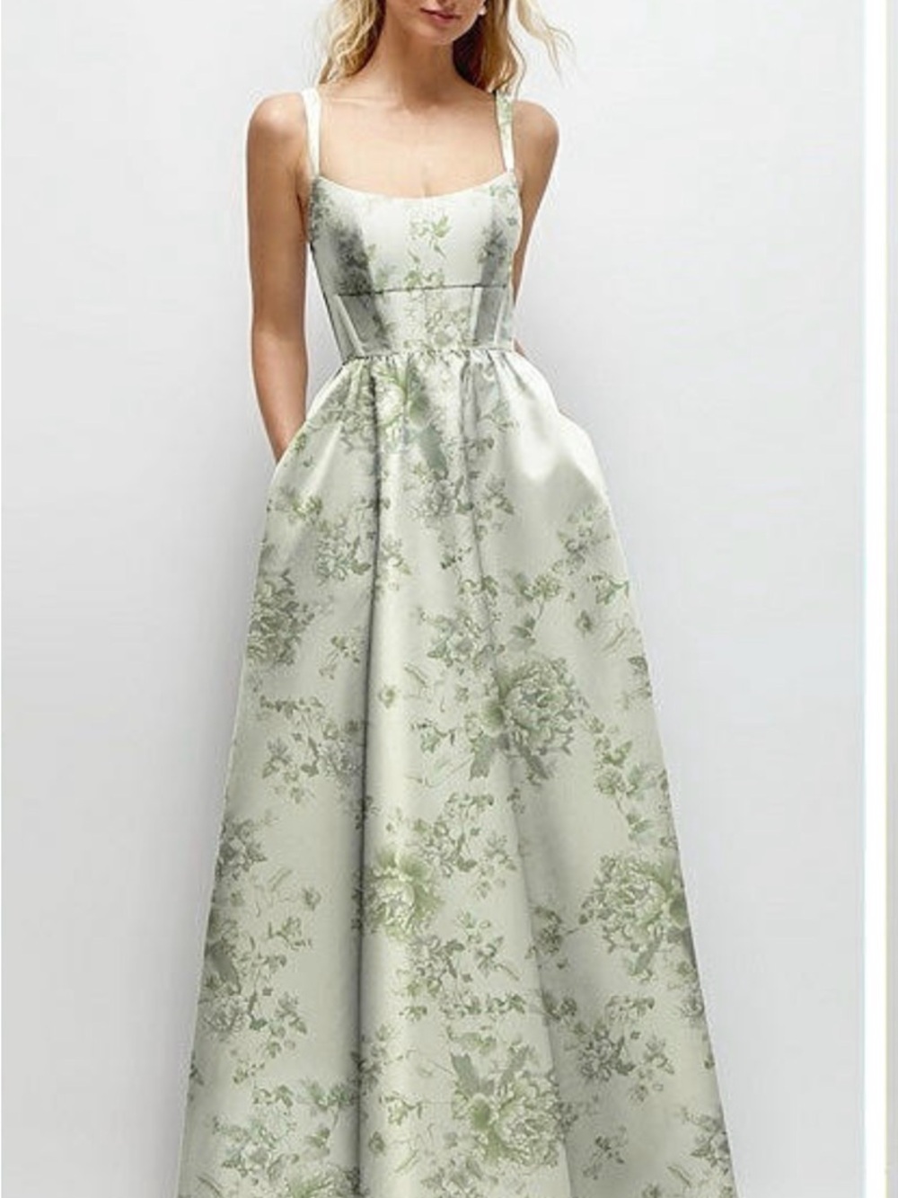 The Dessy Group Scoop Neck Inset Corset Floral Satin Maxi Dress with Pockets